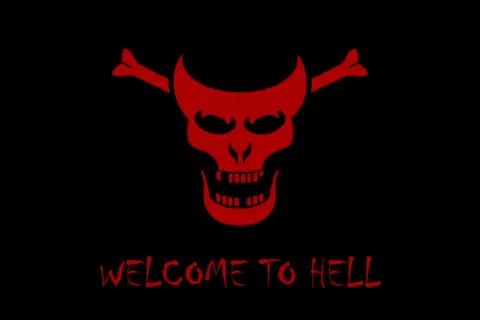 Red skull of a demon on a black background with the text welcome to hell Stock Illustration