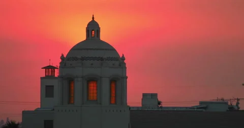 Red Sky Behind Dome Building Stock-Footage 223385631