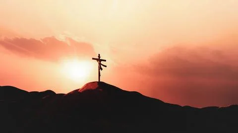 Red sky, clouds and light The cross of the Resurrection of Jesus Christ Stock Photos