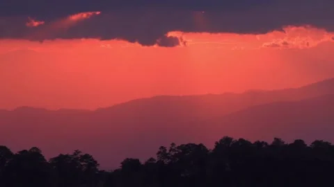 Red sky with dark clouds and a forest in forefront Stock Footage 142708736
