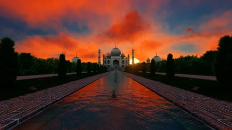 Red sky at sunset over Taj Mahal India Video stock 131016433