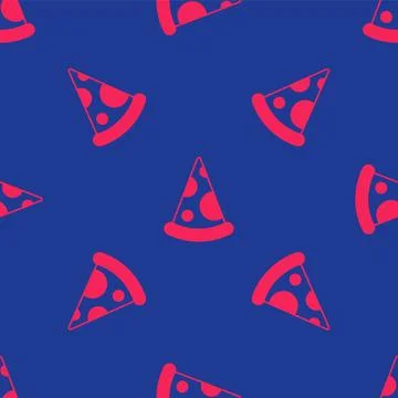 Red Slice of pizza icon isolated seamless pattern on blue background. Fast food Stock Illustration