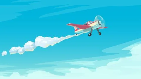 Red small airplane in clouds blue sky Stock Illustration