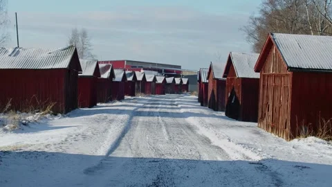 Red Small Shelters On Small Winter Road Stock Footage 168905863