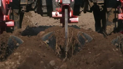 Red small tractor in the field plowing close up Stockbeeldmateriaal 187619660