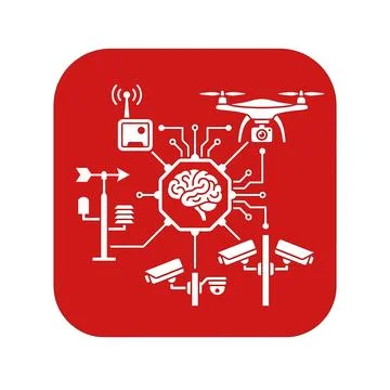 Red smart security square icon representing integrated AI surveillance system Stock Illustration
