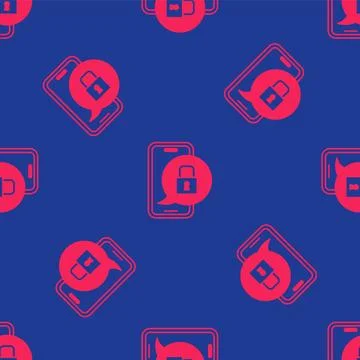 Red Smartphone with closed padlock icon isolated seamless pattern on blue Stock Illustration