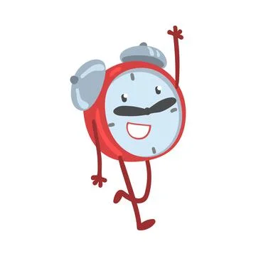 Red Smiling Alarm Clock Character Running and Waving Hand Vector Illustration 스톡 일러스트