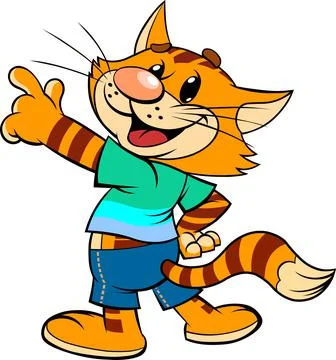 Red smiling cat points his finger. Stock Illustration