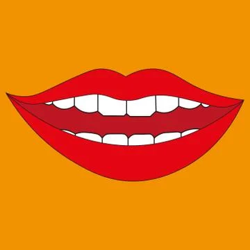 Red smiling female lips vector illustration isolated on a yellow background Stock Illustration