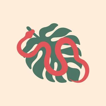 Red snake on monstera leaf. Vector illustration Stock Illustration