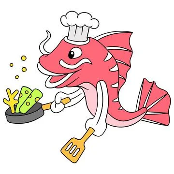 Red snapper is cooking as a chef holding a frying pan, doodle icon image kawa Stock Illustration