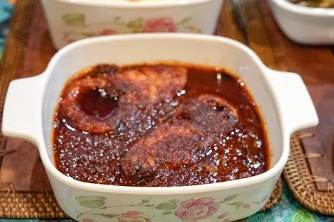 Red Snapper Sambal In Ceramic Dish Stock Photos
