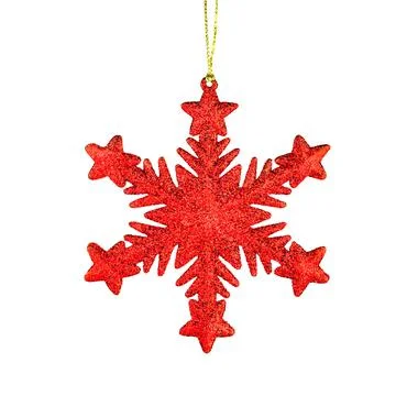 Red snowflake isolated on white background. Shiny Christmas tree toy. Stockfoto's