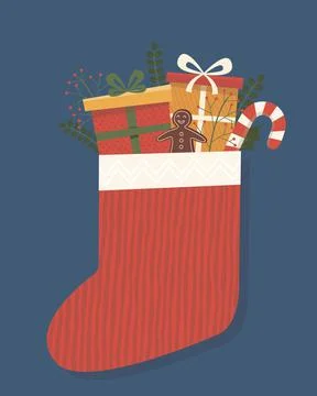 Red sock with gift boxes vector illustration Stock Illustration
