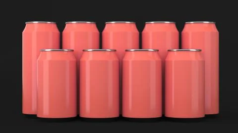 Red soda cans standing in two raws on black background Stock Illustration