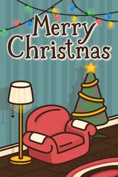 Red sofa and christmas pine Merry Christmas card kawaii doodle flat cartoon vect Stock Illustration