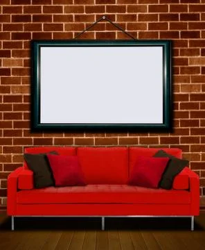 Red sofa and picture frame Stock Photos