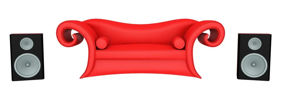 Red sofa and speaker boxes isolated on white background Stock Illustration