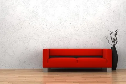 Red sofa and vase with dry wood in front of white wall Stock Illustration