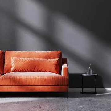 Red sofa with black coffee table in empty room with black empty wall with sun Stock Illustration