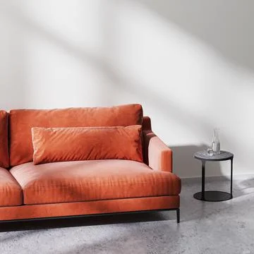 Red sofa with black coffee table in empty room with white empty wall with sun Stock Illustration