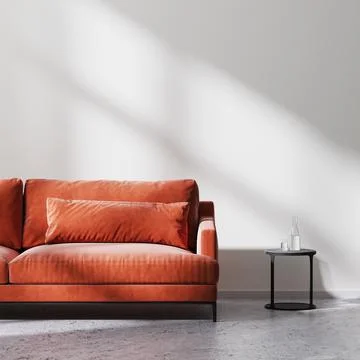 Red sofa with black coffee table in empty room with white empty wall with sun Stock Illustration