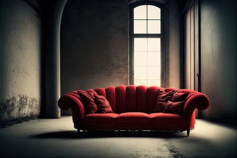 Red sofa on the floor, vintage sofa, Made by AI,Artificial intelligence Stock Illustration