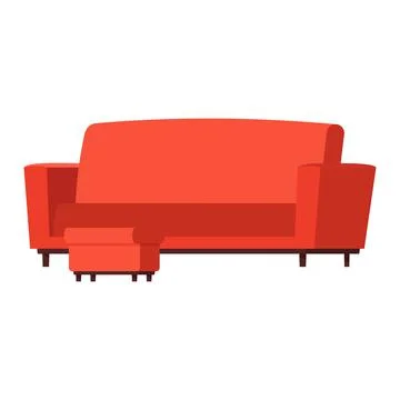 Red sofa with a padded stool isolated on white background. Footstool. Flat Stock Illustration