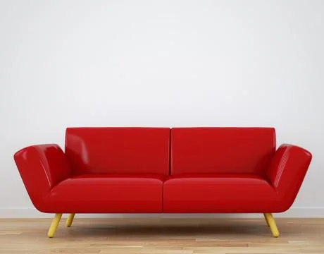 Red Sofa, Wooden floor on empty white wall background. 3D rendering Stock Illustration