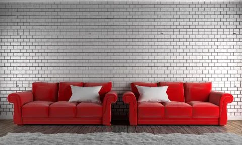Red sofas and pillows ,carpet , wooden floor on empty brick wall. 3D renderin Stock Illustration