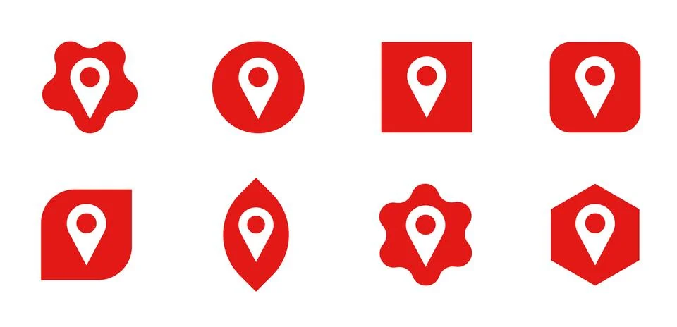 Red Solid Location Pin Icons in Various Shape Frames Icon Set Illustrazione stock