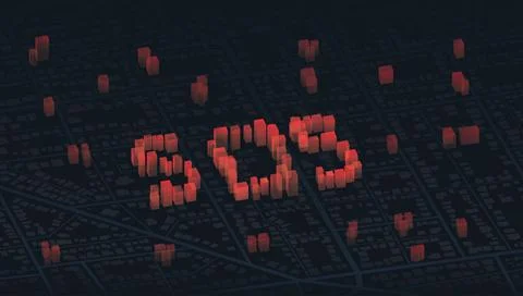 Red SOS text constructed from 3d blocks on dark isometric street grid. Vector Stock Illustration