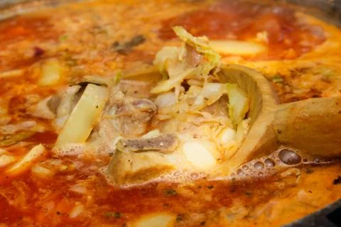 Red soup with meat close-up Stock Photos