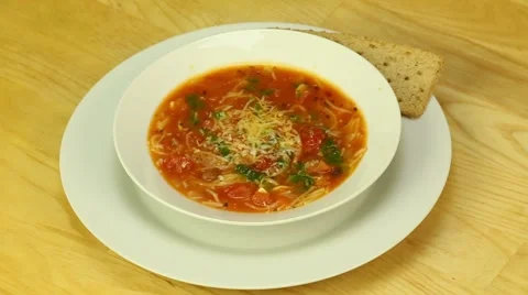 Red soup with pasta Stock Footage 45349300
