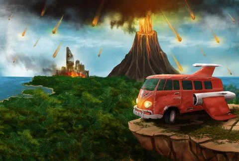 Red Space minivan on an alien planet Stock Illustration