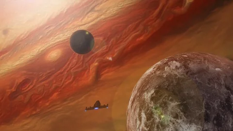 Red Space Planets Passing Spaceship  (4K) Stock Footage 97158042