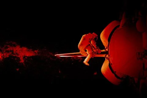 Red Space suits isolated on space background. Elements of this image furnishe Foto stock