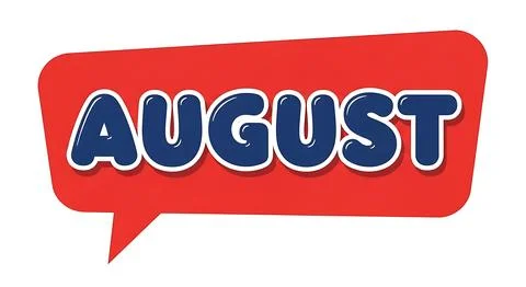 Red Speech Bubble with Bold Blue “AUGUST” Text in 3D Effect Stock Illustration