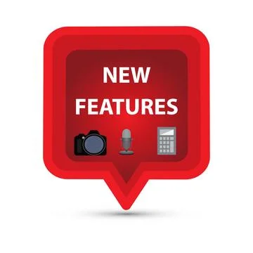 Red speech bubble with the text new features Stock Illustration