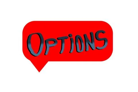 Red speech bubble with the text Options written in dark blue. Downward arro.. Stock Illustration