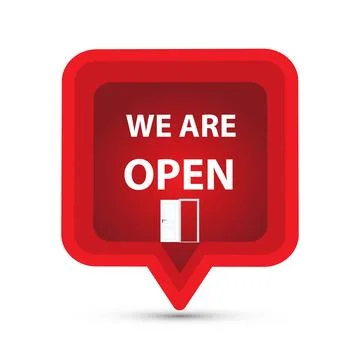 Red speech bubble with the text we are open and an open door Stock Illustration