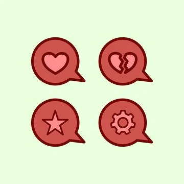 Red speech bubbles with heart, broken heart, star, and gear icons イラスト素材