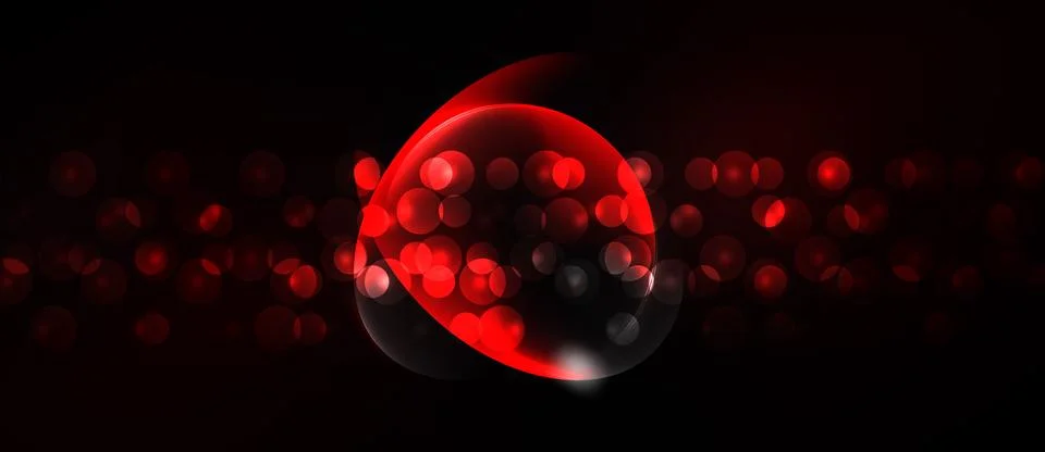 Red sphere amidst dark background. Numerous glowing circles create dynamic .. Stock Illustration