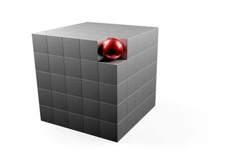 Red sphere in corner of block made from cubes over white background - softwar 스톡 일러스트
