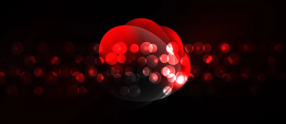 Red sphere dominates dark background. Numerous glowing particles radiate Stock Illustration