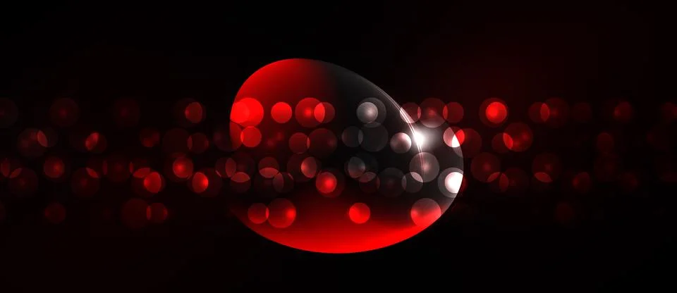 Red sphere dominates dark background. Numerous glowing dots create dynamic .. イラスト素材