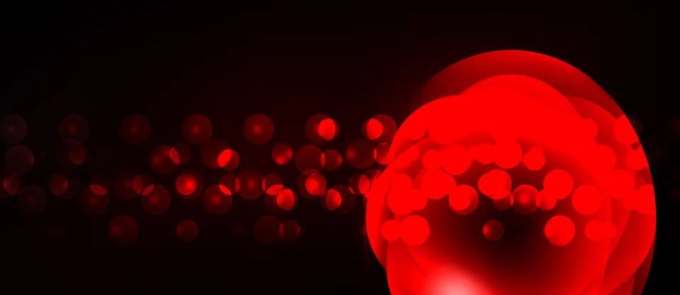 Red sphere dominates dark background. Numerous glowing dots create dynamic Stock Illustration