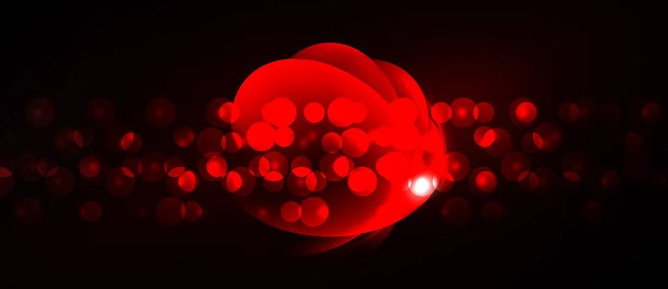 Red sphere dominates dark background. Numerous glowing dots surround central Stock Illustration