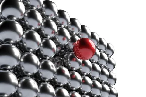 Red sphere in front of wall of silver balls on white background, software mod Stock Illustration